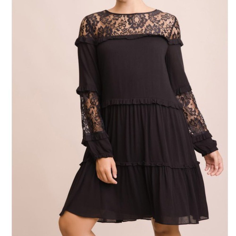 Lace Detail Balloon Sleeve Black Dress - Picture 1 of 6